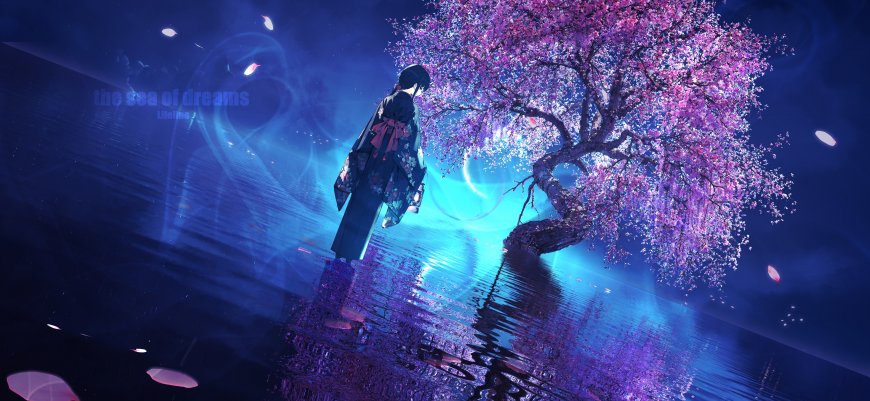 唯美和风紫樱水面和服少女提灯梦幻夜景插画电脑壁纸