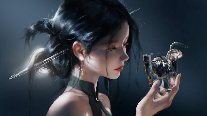 WLOP云虫月牙儿持地球玻璃杯黑发美女插画电脑壁纸