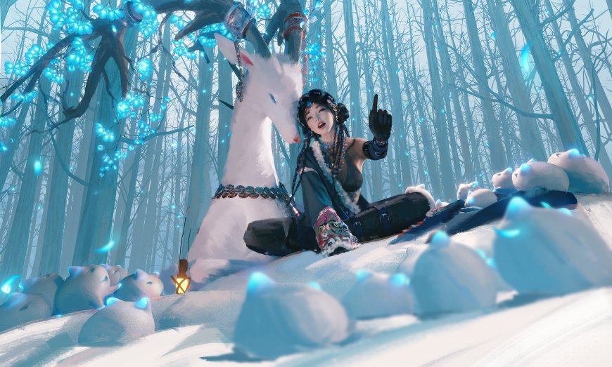 WLOP鬼刀星洛白鹿冰雪森林奇幻唯美插画电脑壁纸