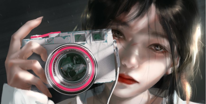 云虫月牙儿wlop原创写实风黑发少女持徕卡相机特写插画动漫电脑壁纸