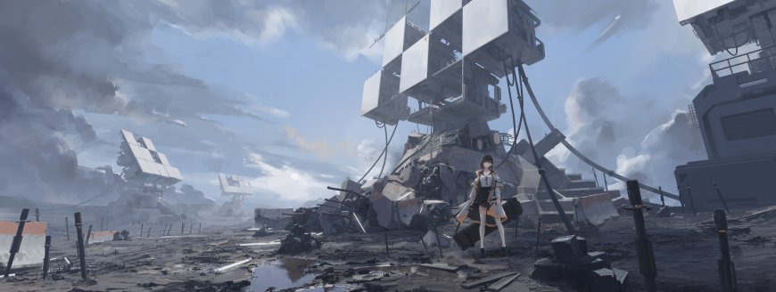 末世废墟中持箱少女与巨型机械装置科幻超宽屏动漫电脑壁纸
