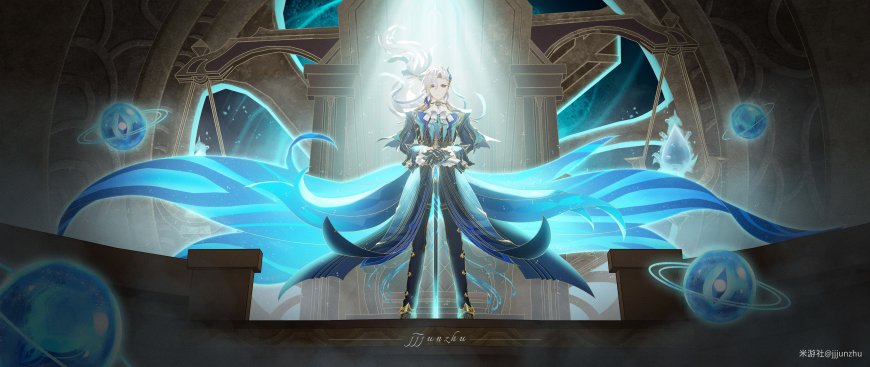 原神那维莱特水龙王蓝光特效华丽游戏角色电脑壁纸