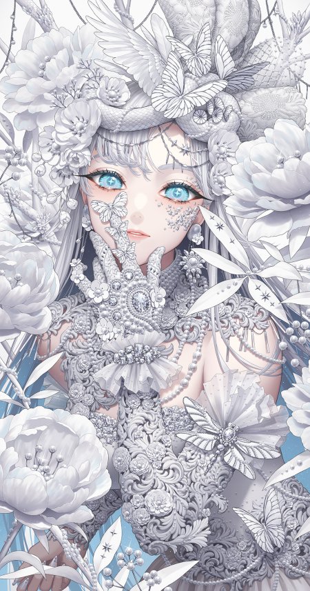 银发蓝眼珍珠白花蝴蝶装饰少女动漫手机壁纸
