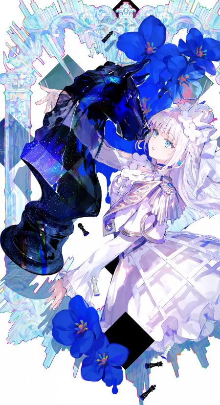银发少女星空黑马棋子蓝色花卉动漫手机壁纸
