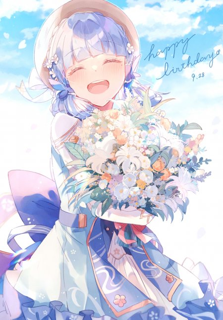 原神神里绫华生日花束草帽笑容游戏手机壁纸