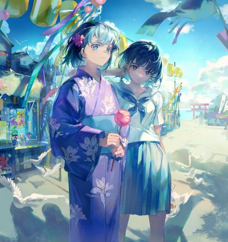 浴衣少女与校服少女夏日祭典动漫手机壁纸