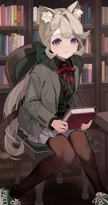 兽耳紫瞳少女图书馆格子裙看书动漫手机壁纸
