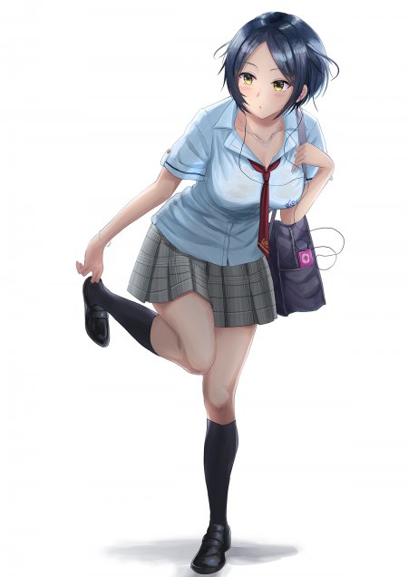 蓝发少女格子裙穿乐福鞋动漫手机壁纸