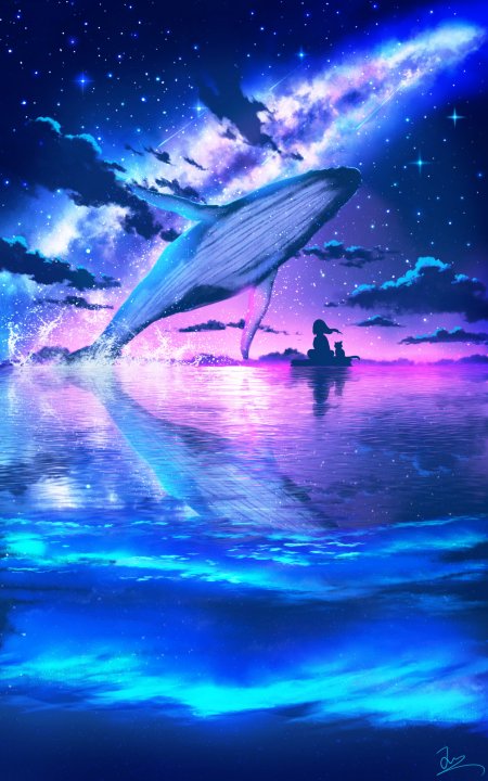 星空跃鲸小船少女猫咪梦幻治愈创意手机壁纸