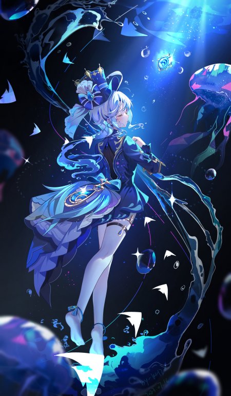 原神芙宁娜深海漂浮水母蓝光游戏手机壁纸