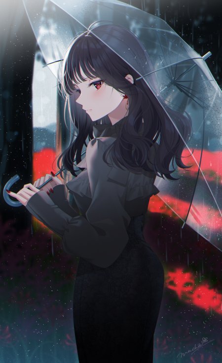 黑发红眼雨夜彼岸花透明伞少女动漫手机壁纸