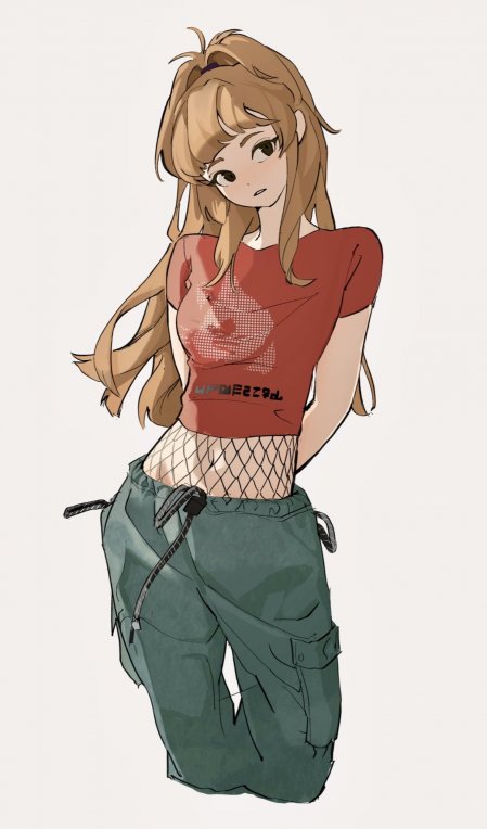 棕发马尾红色短上衣工装裤少女动漫手机壁纸
