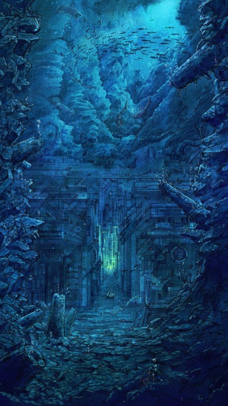 深海峡谷沉城幽蓝机械建筑创意手机壁纸