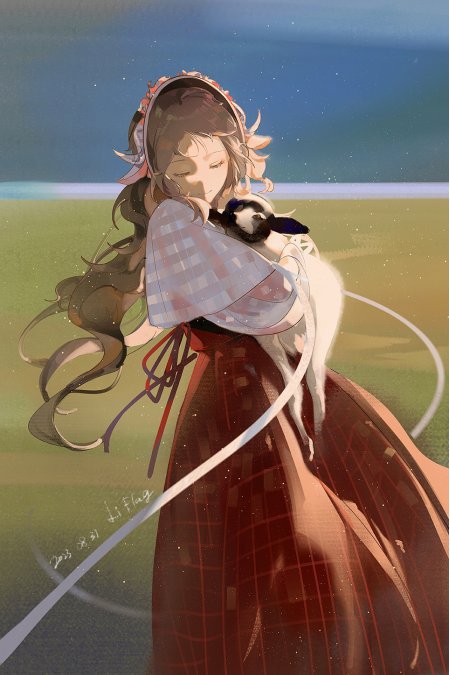 红裙草帽少女抱小羊田园治愈动漫手机壁纸