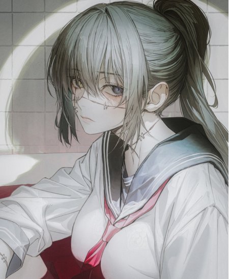 灰发异色瞳绷带少女水手服清冷动漫手机壁纸