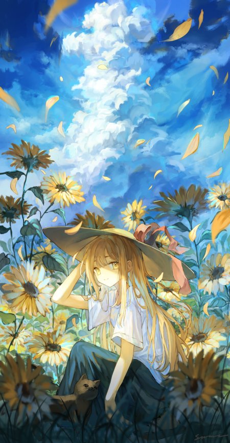 金发草帽少女向日葵花田小猫动漫手机壁纸