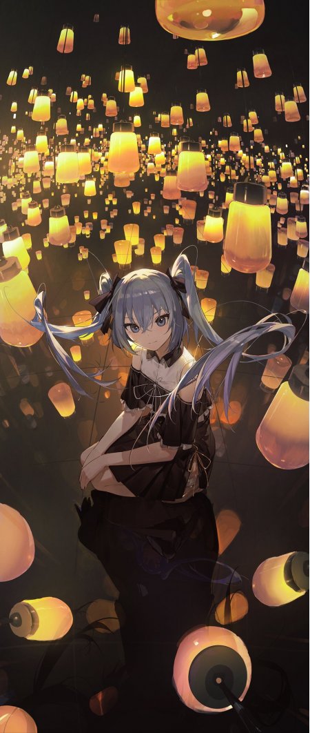 初音未来蓝发天灯夜空梦幻唯美动漫手机壁纸