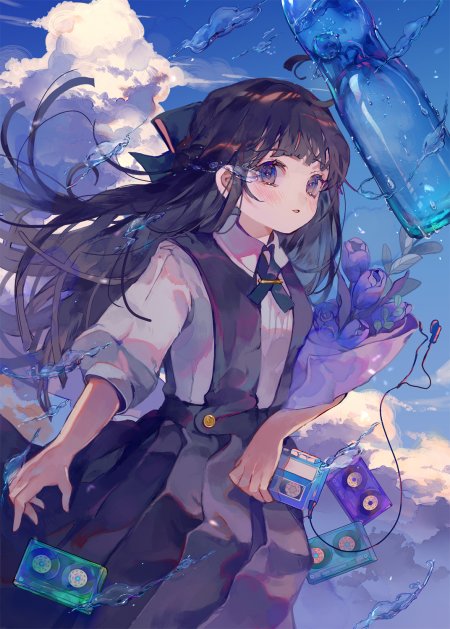 制服少女漂浮磁带水流紫花梦幻动漫手机壁纸