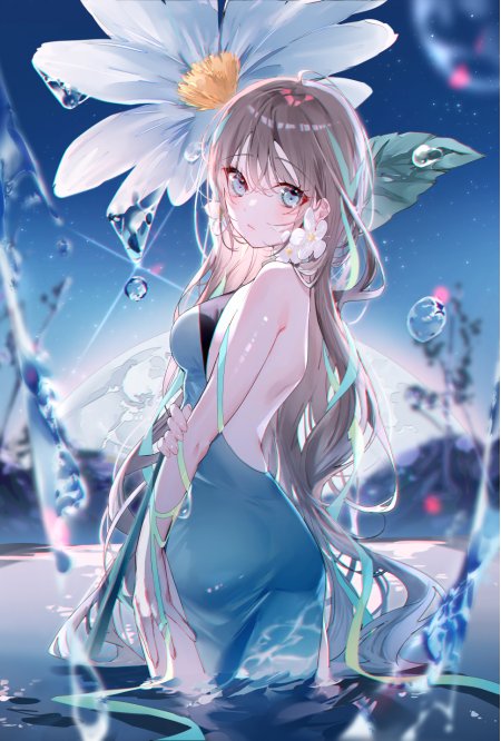 蓝裙少女巨型雏菊水面回眸唯美动漫手机壁纸