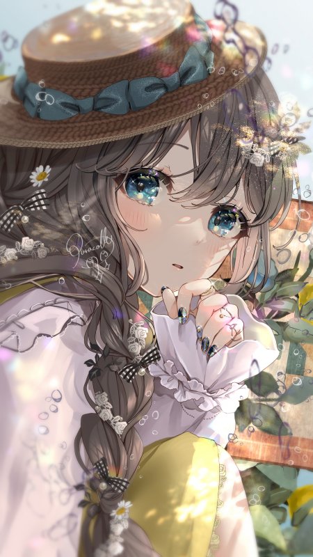 草帽麻花辫蓝瞳少女阳光泡泡动漫手机壁纸