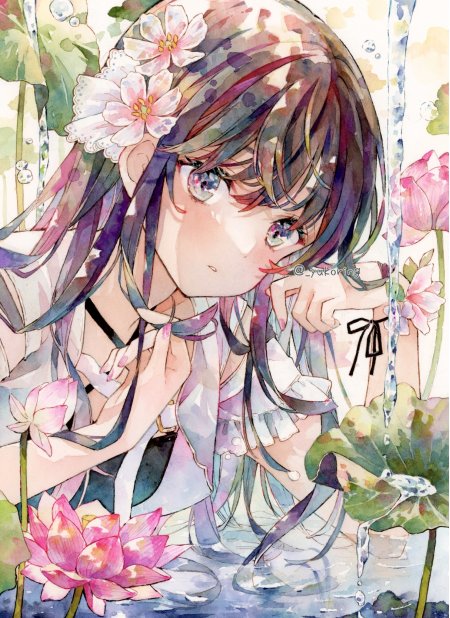 彩发少女荷塘莲花水彩治愈动漫手机壁纸