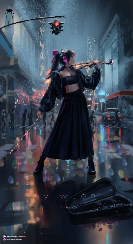 雨夜街头小提琴骷髅耳机少女创意手机壁纸