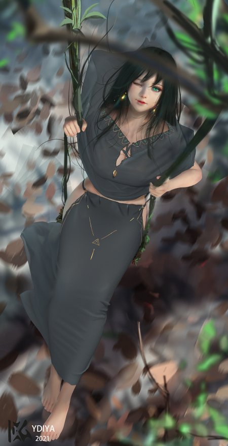 黑发绿眼少女森林秋千灰色长裙动漫手机壁纸