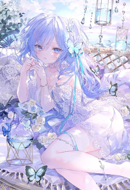 蓝发双马尾少女蕾丝裙蝴蝶梦幻动漫手机壁纸