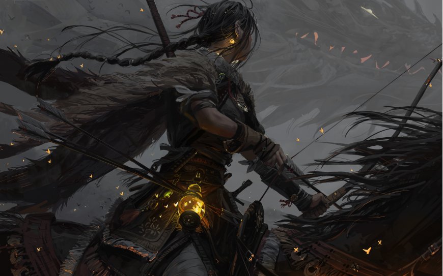 Guweiz清冷少女提灯武士插画原创手绘动漫电脑壁纸