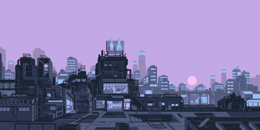 Waneella紫色调像素风城市景观插画创意电脑壁纸