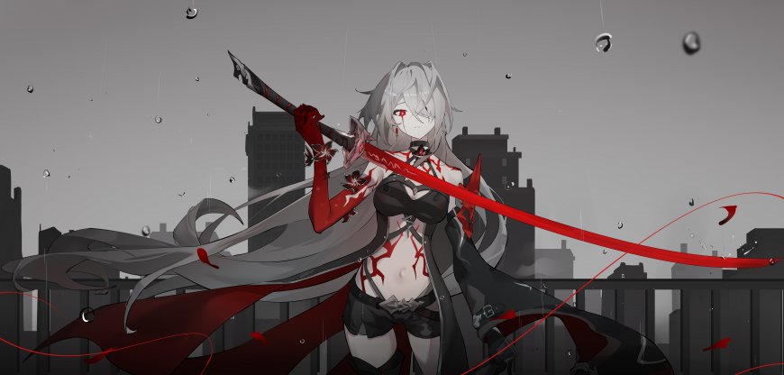 崩坏星穹铁道黄泉持刀雨夜都市红黑配色少女动漫电脑壁纸