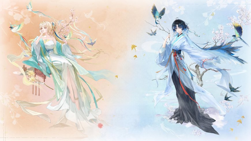 鸣潮秧秧穗穗古风汉服飞鸟环绕唯美双人插画电脑壁纸