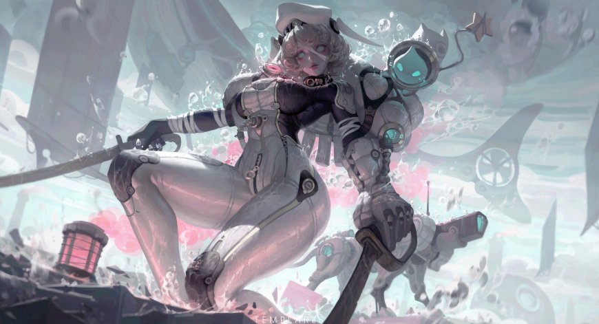 星际海盗银发机械少女水下战斗科幻插画创意电脑壁纸