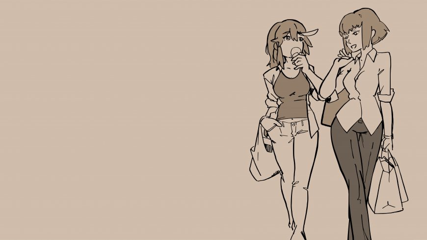 原创线稿棕色调双少女逛街插画简约动漫电脑壁纸