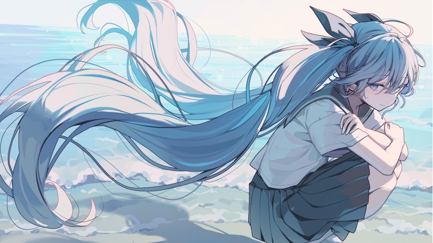 初音未来双马尾JK制服海滩少女二次元动漫电脑壁纸
