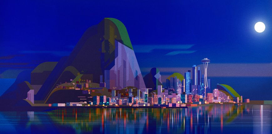 满月滨海彩色城市夜景插画创意电脑壁纸