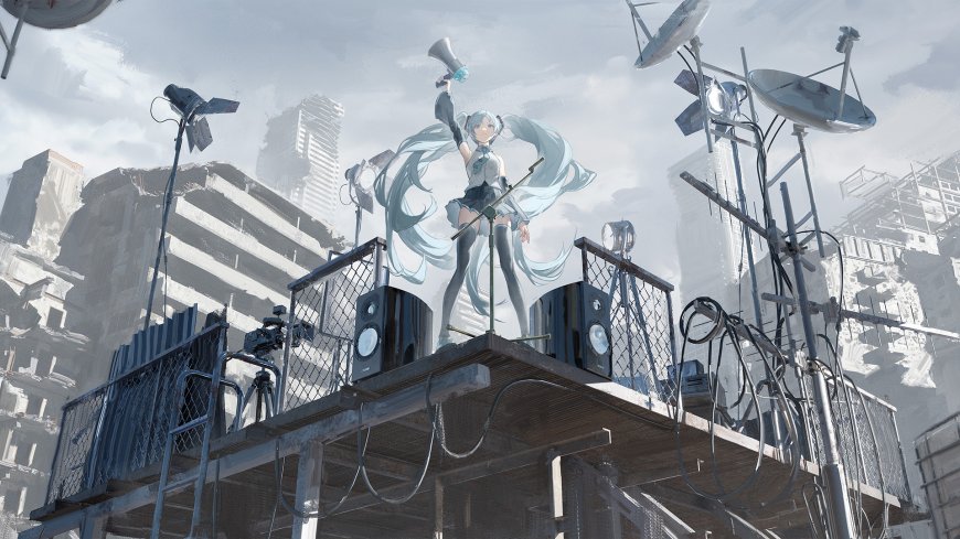 初音未来废墟舞台扩音器双马尾少女二次元动漫电脑壁纸