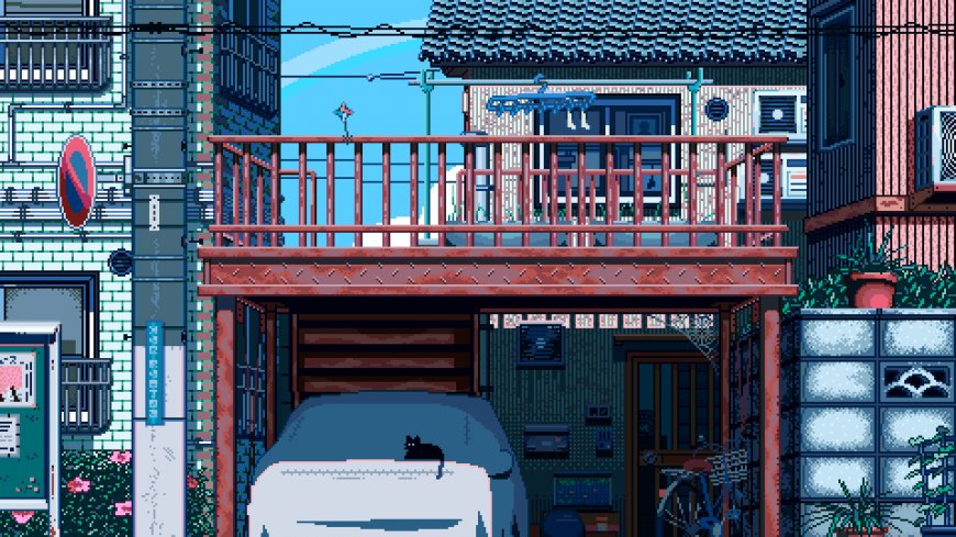日本像素风街景黑猫阳台晾晒创意电脑壁纸