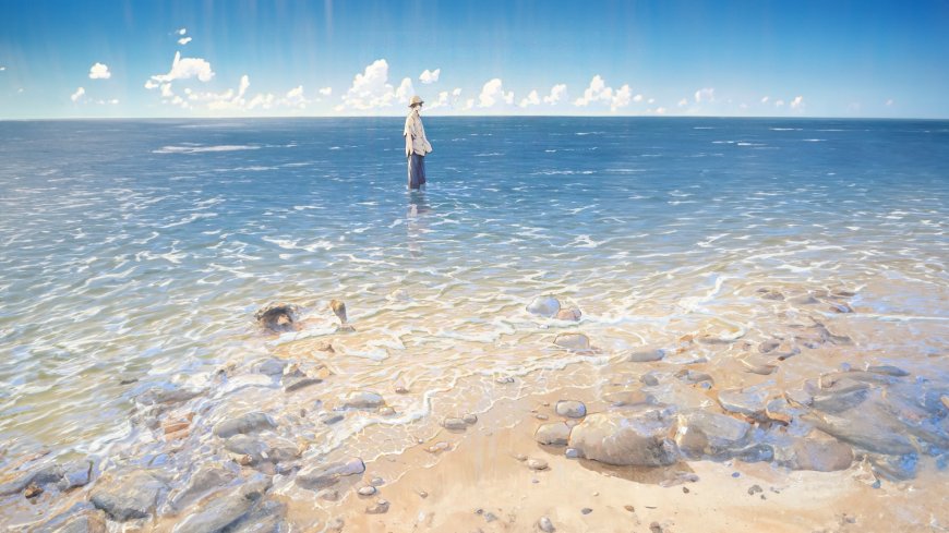 新海诚风海滩草帽少年踏浪二次元风景电脑壁纸