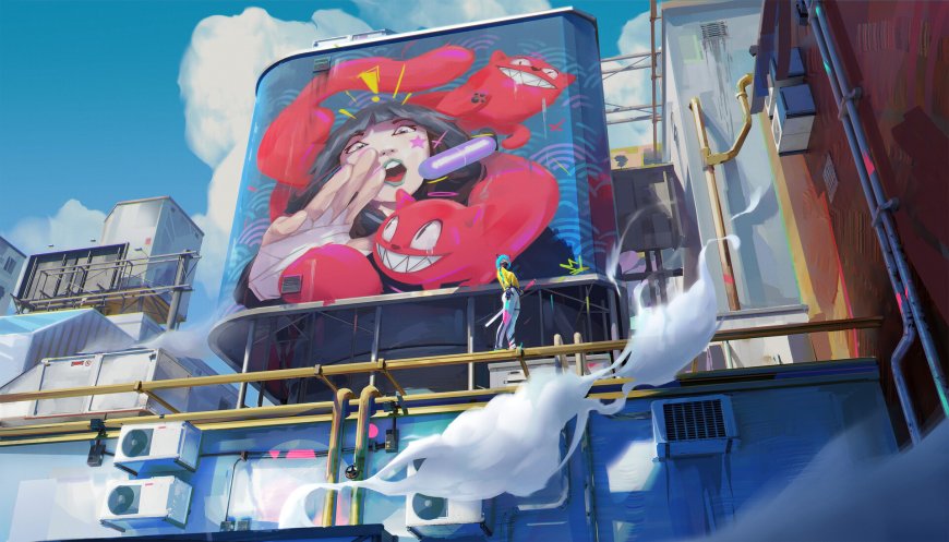 都市巨幅广告牌红猫少女创意电脑壁纸