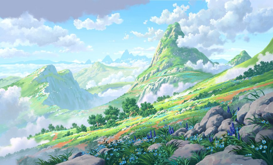 青山云海花田高峰插画二次元风景电脑壁纸