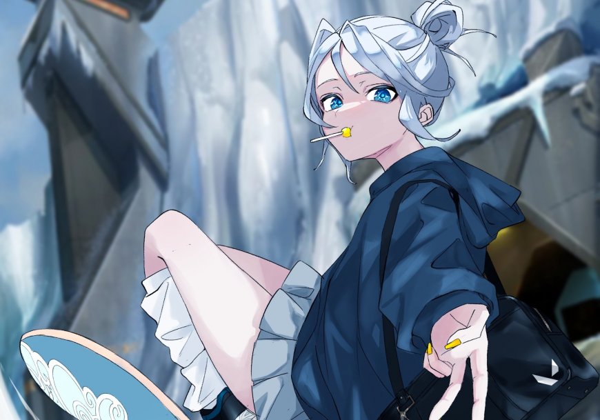 蓝发少女雪地滑板棒棒糖二次元动漫电脑壁纸