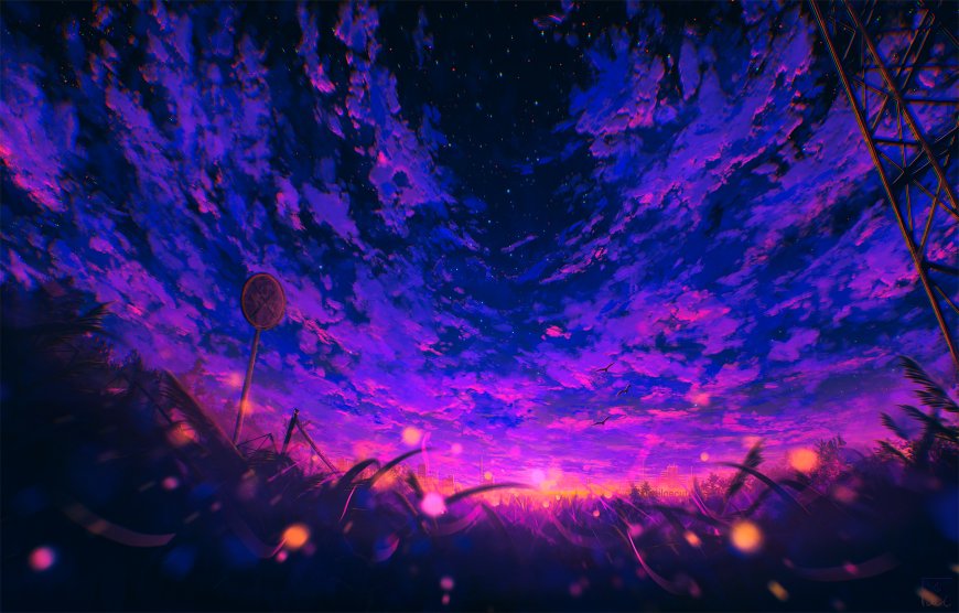 紫霞星野路牌电塔草地二次元风景电脑壁纸