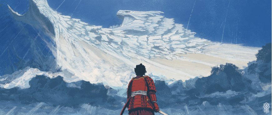 红甲武士对峙巨型白龙奇幻创意电脑壁纸