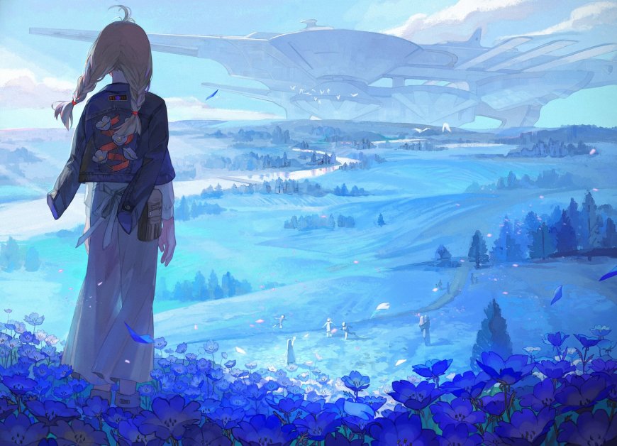 双马尾少女蓝花太空站远景二次元风景电脑壁纸