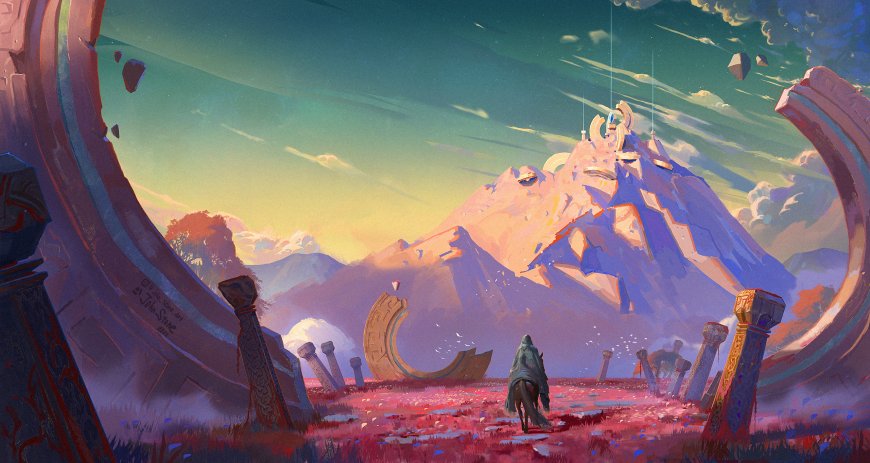 红草古遗迹骑马旅人奇幻概念风景电脑壁纸