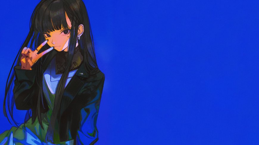 比耶微笑黑发长发清纯少女二次元动漫电脑壁纸