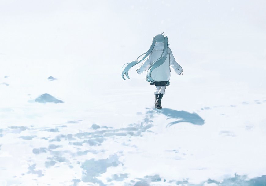初音未来雪地双马尾背影踏雪二次元动漫电脑壁纸