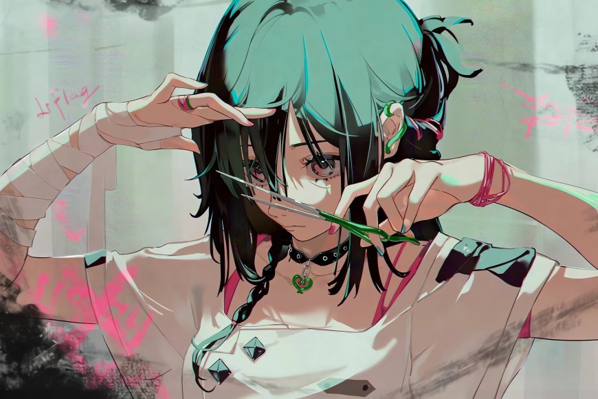 绿发少女剪发颈链涂鸦原创少女二次元动漫电脑壁纸