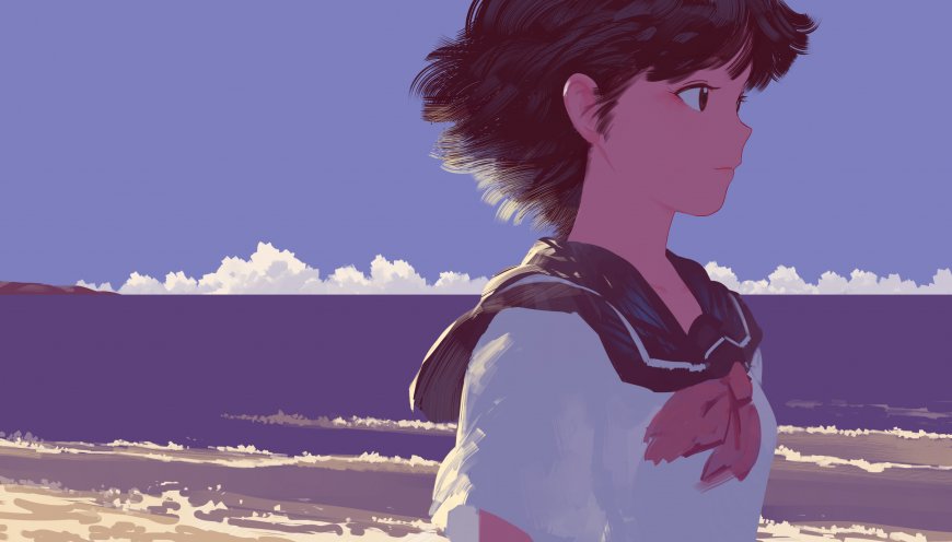 JK制服少女海边远眺二次元风景电脑壁纸